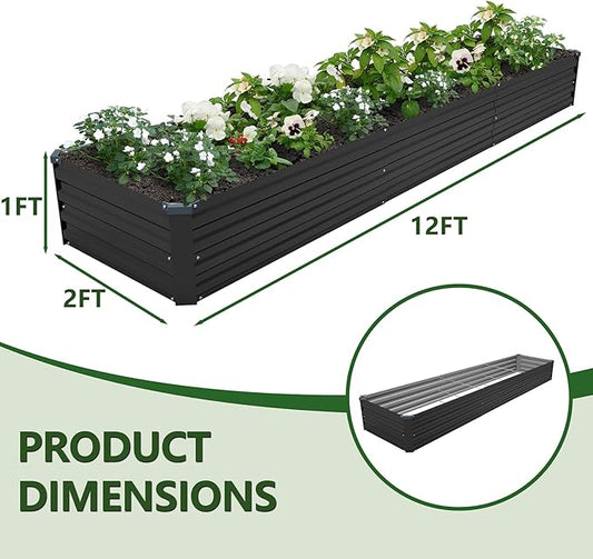 12×2×1FT(2PCS) Galvanized Raised Garden Bed Kit Metal Planter Boxes,Large Outdoor Planters Garden for Planting Vegetables,Flowers,Herbs -Black