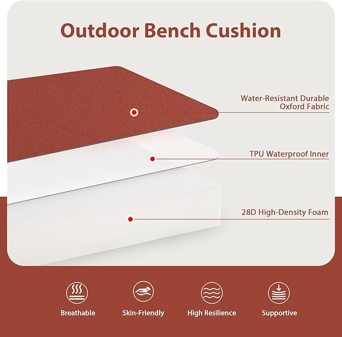 Favoyard Outdoor Bench Cushion 48 x 18 Inch Waterproof Patio Furniture Cushions 3-Year Color Fastness Garden Sofa Settee Couch Swing Pads with Handle and Attach Ties, Spice