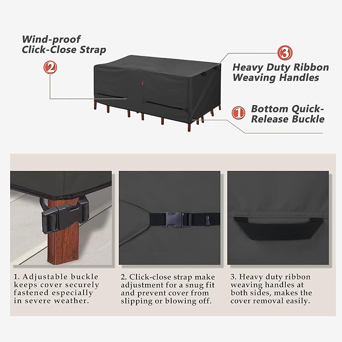 Porch Shield Patio Table Cover - Waterproof Outdoor Dining Table and Chairs Furniture Set Cover Rectangular - 108 x 60 inch, Black