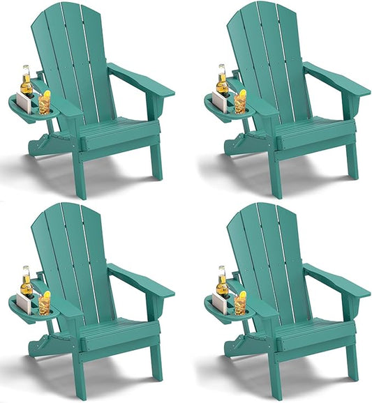 Adirondack Chair Set of 4, HDPE Folding Adirondack Chair with Multifunctional Cup Holder, Weather Resistant Fire Pit Chair for porches, patios, poolsides, Decks.