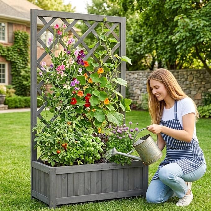 Wooden Raised Garden Bed with Trellis, 40" Outdoor Planter Box for Climbing Plants, Vertical Modern Gray Garden Planter for Vegetables, Flowers & Vines, Lattice Plant Support for Patio Yard Balcony