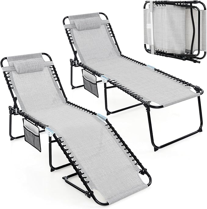 Tangkula Beach Lounge Chair for Outside, Folding Chaise Lounge Outdoor with 4-Position Backrest, Removable Headrest and Side Pocket, Portable Sunbathing Tanning Chair for Patio, Poolside (2, Grey)