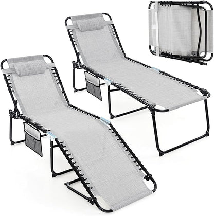 Tangkula Beach Lounge Chair for Outside, Folding Chaise Lounge Outdoor with 4-Position Backrest, Removable Headrest and Side Pocket, Portable Sunbathing Tanning Chair for Patio, Poolside (2, Grey)
