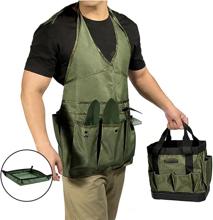 Luocute 3Pcs Garden Tool Bag Organizer, Heavy Duty 600D Oxford Fabric with 10 Pockets and Apron Mat, Foldable Standable Gardening Tote for Men Women, Bright Green