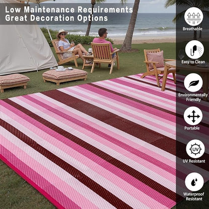 HUGEAR Outdoor Waterproof Rug 8'x10' Plastic Straw Rugs Washable Reversible Floor Mat Pink Stripe Carpet for Camping RV Deck Entryance Porch Picnic Balcony Beach Backyard