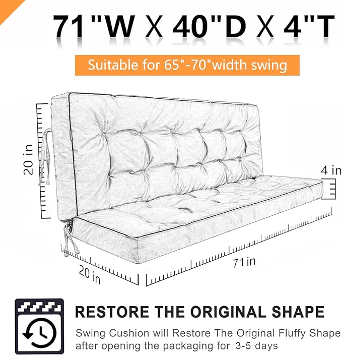 Swing Replacement Seat Cushions, 2-3 Seater Bench Cushions for Outdoor Furnitur with Backrest, Garden Recliner Seat Cushions Waterproof Sofa Pads (Dark Gray, 70.8x40in)