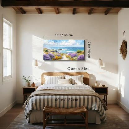 SERIMINO Coastal Wall Art, Landscape Wall Art, Large Wall Decor, Blue Ocean Scene Art Prints, Beach Wildflower Canvas Paintings for Living Room Office Bedroom Bathroom Rustic Farmhouse 24"x48"