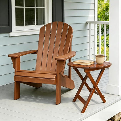 Outdoor Wooden Side Table, Folding Patio End Table, Small Round Furniture Table for Adirondack Chair, Balcony, Porch, Acacia Wood, No Assembly, Brown
