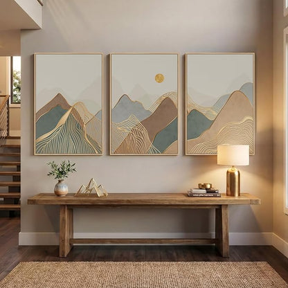 Framed Boho Mountain Wall Art for Living Room, 3 Piece Modern Nature Landscape Canvas Artwork for Walls, Large Sunset Minimalist Abstract Prints Wall Decor for Bedroom Hallway Home Office, 24x36 Inch