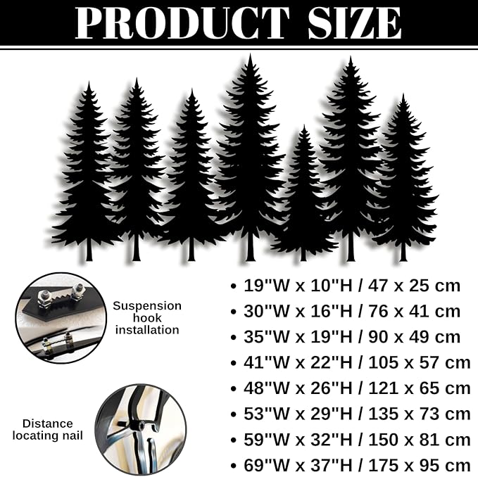 lunwall Metal Pine Tree Wall Art, Metal Forest Wall Art, Pine Branch Wall Decor, Christmas Tree Wall Decor, Forest Wall Hanging, Nature Lover Gift (Style 1, 69" W x 37" H / 175 x 95 cm)