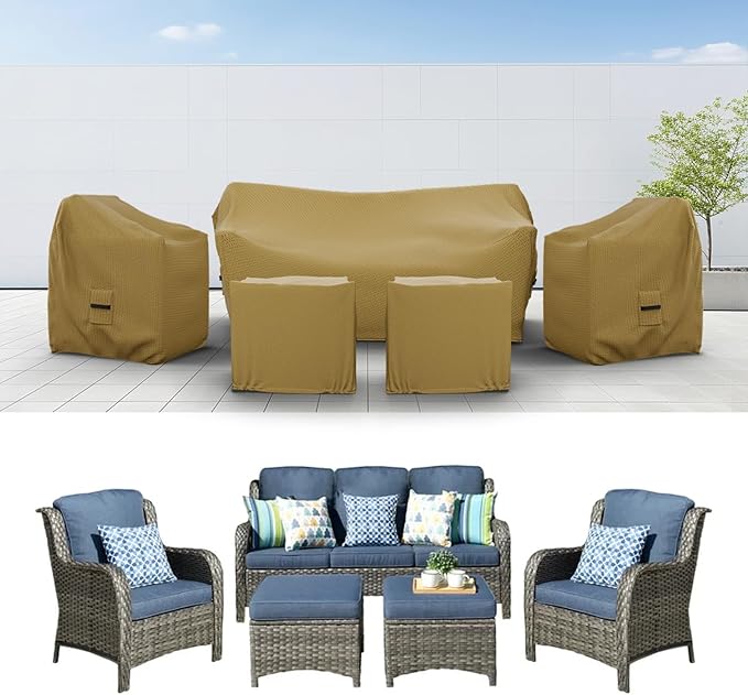 Covers & All Patio Furniture Cover Set, 5 Piece Outdoor Furniture Covers, Water-Repellent UV & Weather-Resistant Covers for Sofa, Chairs & Ottomans with Elastic Tie-Downs & Padded Handles