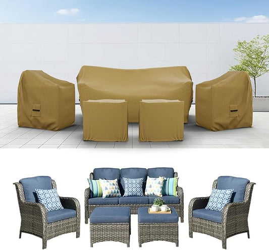 Covers & All Patio Furniture Cover Set, 5 Piece Outdoor Furniture Covers, Water-Repellent UV & Weather-Resistant Covers for Sofa, Chairs & Ottomans with Elastic Tie-Downs & Padded Handles