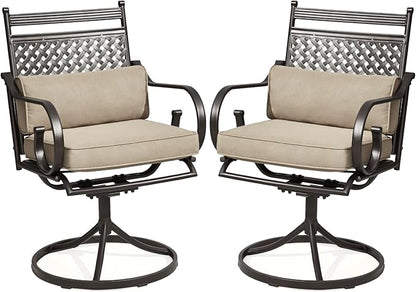 MELLCOM Patio Swivel Chair Set of 2, Heavy Duty Outdoor Dining Chairs with Cushions and Lumbar Pillows, Metal Patio Chairs Gentle Rocker for Outside, Garden Lawn & Porch, Backyard, Khaki