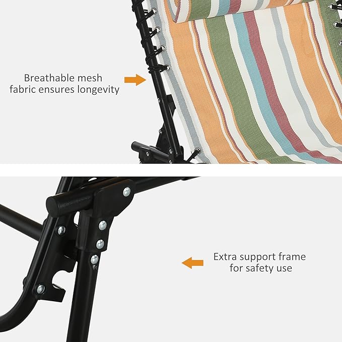 Outsunny Folding Chaise Lounge Chair, Patio Sun Tanning Chair, Outdoor Chaise Lounger with 4-Position Reclining Back, Breathable Mesh Seat for Beach, Poolside, Yard, Rainbow Striped