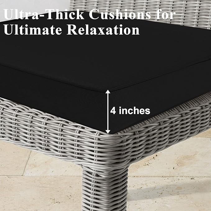Outdoor Chair Cushions 24x24x4 Inch, Waterproof Black Patio Furniture Cushions Set of 2 with Ties & Handle, 3 Year Color Fastness Square Replacement Seat Cushions for Sofa, Couch