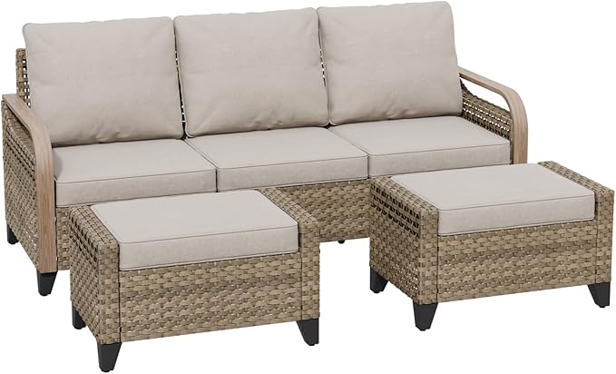 COOS BAY Modern Wicker Outdoor Furniture Set, Patio Conversation Set with 3 Seat Couch, and Ottomans, 3 Piece, Brown/Gray