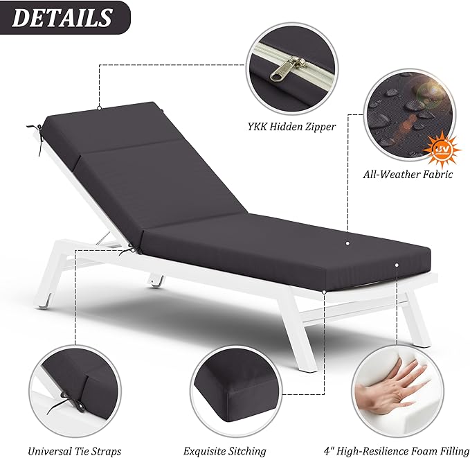 Chaise Lounge Cushion for Outdoor Furniture, Waterproof Fade and Tear Resistant Lounge Deck Chair Cushions for Patio Lawn Pool Resort Hotel