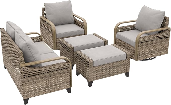 COOS BAY Modern Wicker Outdoor Furniture Set, Patio Conversation Set with Swivel Rockers, 2 Seat Loveseat, and Ottomans, 5 Piece, Brown/Gray