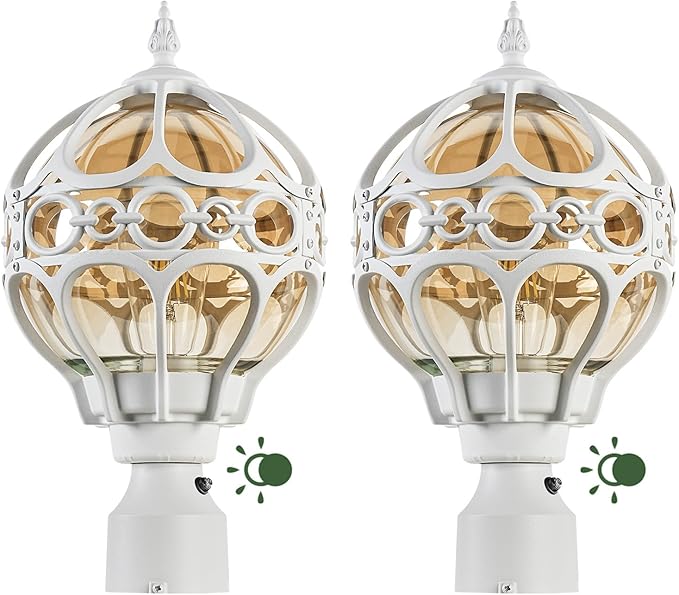 Dusk to Dawn Globe Outdoor Post Light for Lawn Porch Yard Driveway, White Outside Waterproof Lamp Post Light, Rust-proof Pier Mount Sphere Post Lighting Fixture, Exterior Pole Post Light(2 Pack)