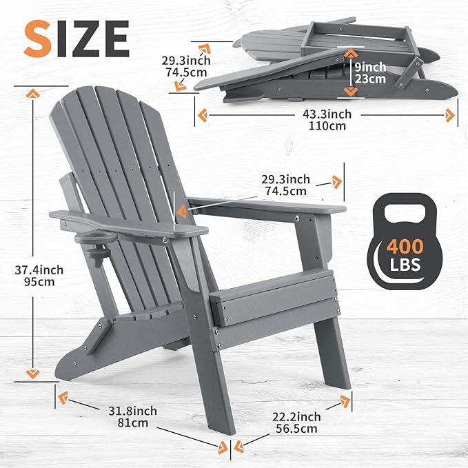 FUNBERRY Folding Adirondack Chair Set of 2, All Weather HDPE Fire Pit Chairs with Cup Holder for Outdoor