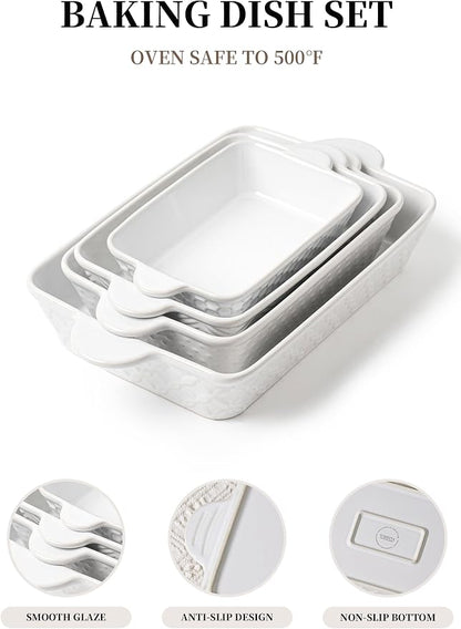 FOBENTA Casserole Dishes for Oven - Ceramic Bakeware Sets of 4, Rectangular Baking Deep Dishes with Handles, Lasagna Pans for Kitchen Cooking & Wedding Gift, Embossed
