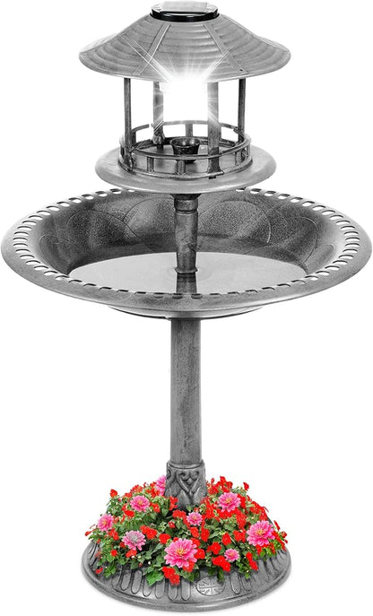 Best Choice Products Solar Outdoor Bird Bath Vintage Resin Pedestal Fountain Decoration for Yard, Garden w/Planter Base, Feeder, Decorative Bird Cage, Fillable Stand - Stone