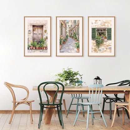 FWIEXA Italy Streets Travel Framed Wall Art Set, Green Botanical Wall Decor, Vintage Italian Style Countryside Villages Wall Print, Potted Plant Canvas Artworks, 3 Pieces Nature Landscape Painting for Bedroom, Office, Living Room