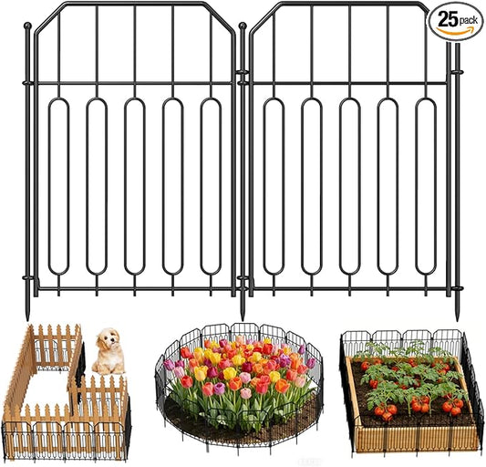 Goovilla Garden Fence, Total 25ft(L) x 21in(H) Garden Fencing Animal Barrier, 25 Pcs Rustproof Metal Wire No Dig Fence Panels, Black Decorative Garden Fences and Borders for Dogs, Flower Bed, Patio