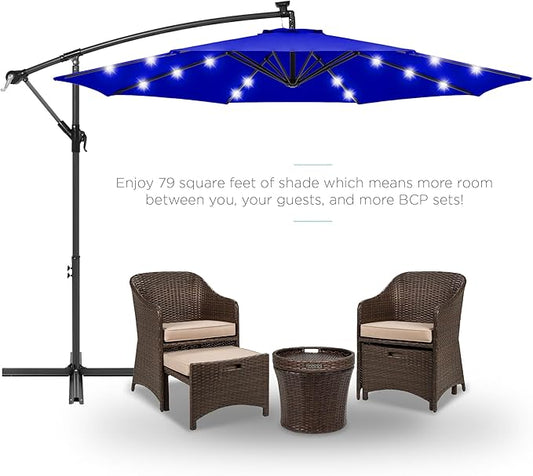 Best Choice Products 10ft Solar LED Offset Hanging Market Patio Umbrella for Backyard, Poolside, Lawn and Garden w/Easy Tilt Adjustment, Polyester Shade, 8 Ribs - Resort Blue