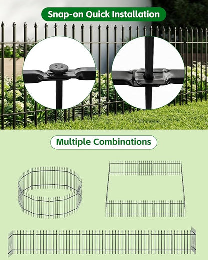 ARIFARO Metal Garden Fence 24" H x 24" W (5 Pack, Length 10 ft), No Digging Decorative Garden Border Fence, Rustproof Black Fence Panels for Flower Bed, Yard, Patio, Small Animal Barrier