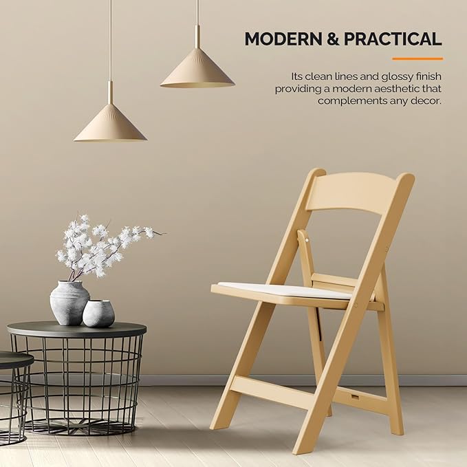 VINGLI Resin Folding Chairs with Cushion, Foldable Plastic Chair with Comfortable Padded Seats, Perfect for Event Party Indoor Outdoor, Natural, 4 PC