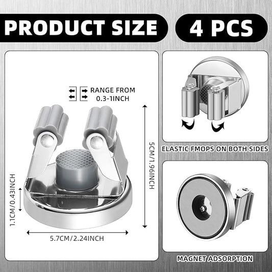 Vercraft 4 Pcs Magnetic Mop Broom Holder Movable Magnetic Broom Holder Rack, Anti Slip Wall Mounted Utility for Cleaning Tools, Garage, Kitchen, Laundry, Garden (Silver)