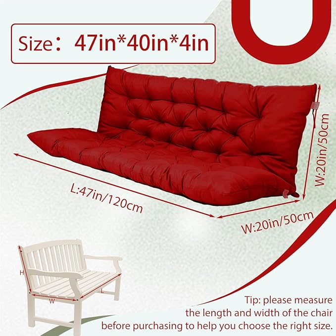 2/3 Seater Swing Replacement Cushion, Waterproof Porch Swing Cushions with Backrest, Thickened Bench Cushions for Outdoor Furniture, for Outdoor Patio Swing (Red, 47 * 40 in)