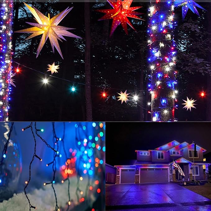 4pk Solar Christmas Lights Outdoor, Red White and Blue Solar String Lights, 400LED 132FT LED 4th of July Light Waterproof, Solar Fairy Twinkle Light for Xmas Tree Independence Day Party Decorations