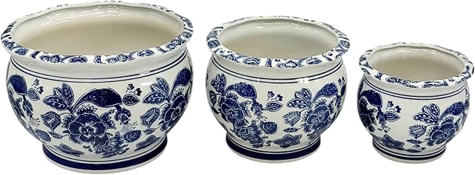 Galt International Floral Blue & White Round Porcelain Ceramic Plant Flower Planter Pot Set of 3 (8", 10", 12") Garden Pots Chinese Asian Design