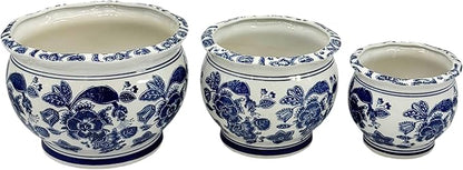 Galt International Floral Blue & White Round Porcelain Ceramic Plant Flower Planter Pot Set of 3 (8", 10", 12") Garden Pots Chinese Asian Design