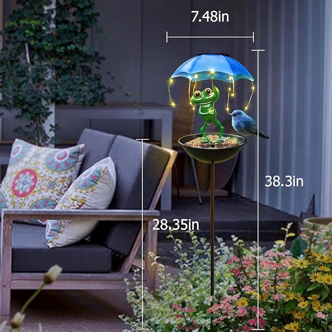 Solar Bird Feeder Frog Garden Decor, Outdoor Solar Lights with Umbrella, Hummingbird Feeder Decorative Path Lights Yard Art Ornament Bird Feeder (Frog)