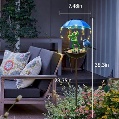 Solar Bird Feeder Frog Garden Decor, Outdoor Solar Lights with Umbrella, Hummingbird Feeder Decorative Path Lights Yard Art Ornament Bird Feeder (Frog)