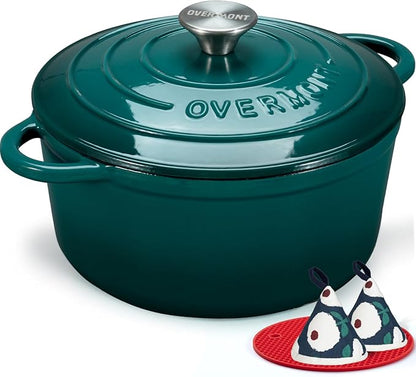 Overmont Enameled Cast Iron Dutch Oven - 4.5QT Pot with Lid Cookbook & Cotton Potholders - Heavy-Duty Cookware for Braising, Stews, Roasting, Sourdough Baking bottle green