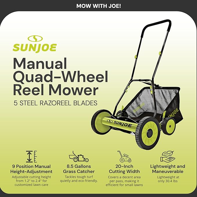 Sun Joe MJ502M Reel Mower w/ 8.5-Gallon, 9-Position Height Adjustment, Foam Grip, Compact Design, Green, 20-Inch Manual w/Grass Catcher