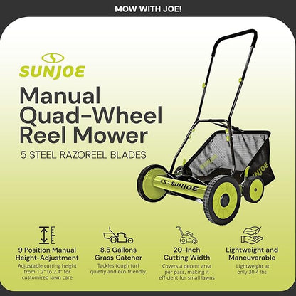 Sun Joe MJ502M Reel Mower w/ 8.5-Gallon, 9-Position Height Adjustment, Foam Grip, Compact Design, Green, 20-Inch Manual w/Grass Catcher