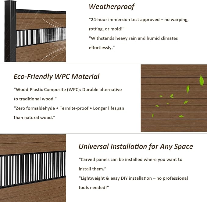 6 Feet×6 Feet Privacy Fence, Outdoor Wood Plastic Composite Fence Panel, Waterproof Security Barriers Fencing, WPC (Brown, Vertical (1 Panel - 1 Post))