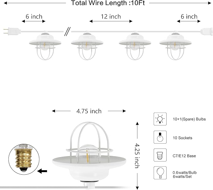 JONATHAN Y JYL8703B 10-Light Indoor/Outdoor 10 ft. Rustic Farmhouse Incandescent G40 Metal Cage Shade String Lights Contemporary, Transitional, Modern, Patio, Porch, Backyard, White