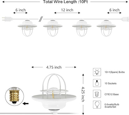 JONATHAN Y JYL8703B 10-Light Indoor/Outdoor 10 ft. Rustic Farmhouse Incandescent G40 Metal Cage Shade String Lights Contemporary, Transitional, Modern, Patio, Porch, Backyard, White