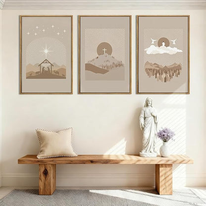IARTTOP Jesus Christian God Framed Wall Art Large 16x24 Inch Nativity Religious Canvas Wall Decor Grey Brown Catholic Artwork for Church Living room Dining room Set of 3