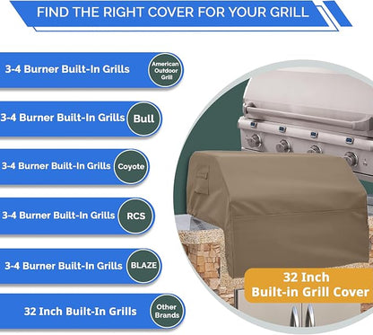 Covers & All Built-in Grill Cover for Outdoor Grill – Heavy Duty 12 oz Waterproof Built-in BBQ Grill Cover, PVC-Coated Polyester with Elastic Hem for Snug Fit (32.7 x 26 x 11.8 inches, Beige)