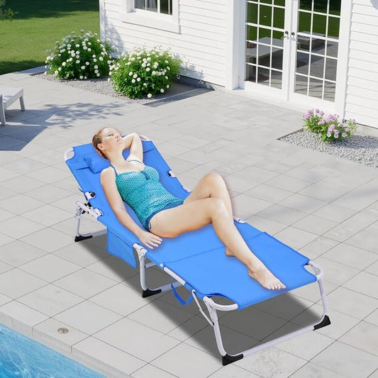 HRVEOCEI 3-in-1 Sun Tanning Chair with Face Hole,Adjustable 5-Position Folding Laying Out Chairs for Tanning,Outdoor Face Down Beach Lounger Sun Bathing Lounge Chair for Pool Deck Patio (Blue)