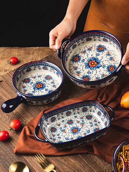 Blue and Orange Flower Vintage Style Ceramic Bakeware Casserole Lasagna Pans Baking Dish with Handles for Oven/Cooking/Kitchen-1 PCS-32 OZ