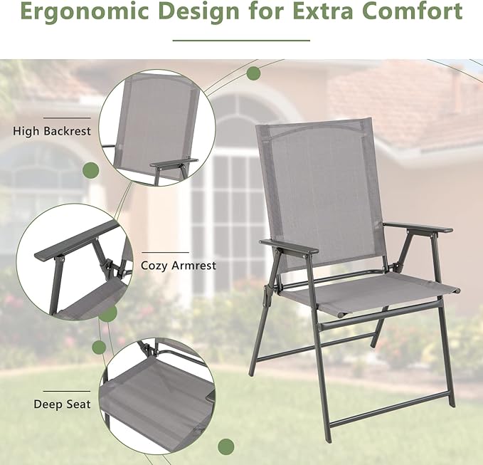 Giantex Patio Folding Chairs, Outdoor Lawn Chairs with Rustproof Metal Frame, Portable Dining Chairs for Porch, Deck, Garden, Backyard, Camping (1 Count (Pack of 2), Gray)