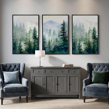 Large Framed Green Forest Landscape Wall Art for Living Room, 3 Piece Pine Tree Foggy Mountain Watercolor Canvas Artwork for Walls, Nature Scenic Modern Wall Decor for Dining Room Hallway, 24x36 Inch